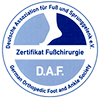 D.A.F. Zertifikat für Fußchirurgie ausgestellt durch die Deutsche Assoziation für Fuß und Sprunggelenk e.V.