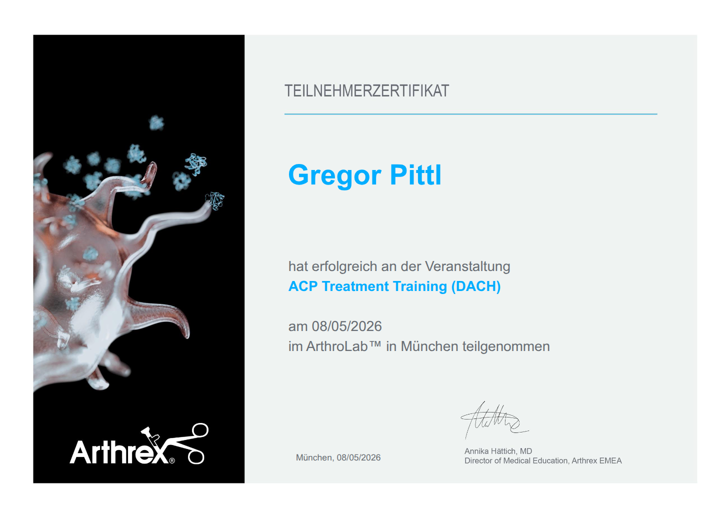 Zertifikat für Dr. Gregor Pittl ACP Treatment Training im ArthroLab in München